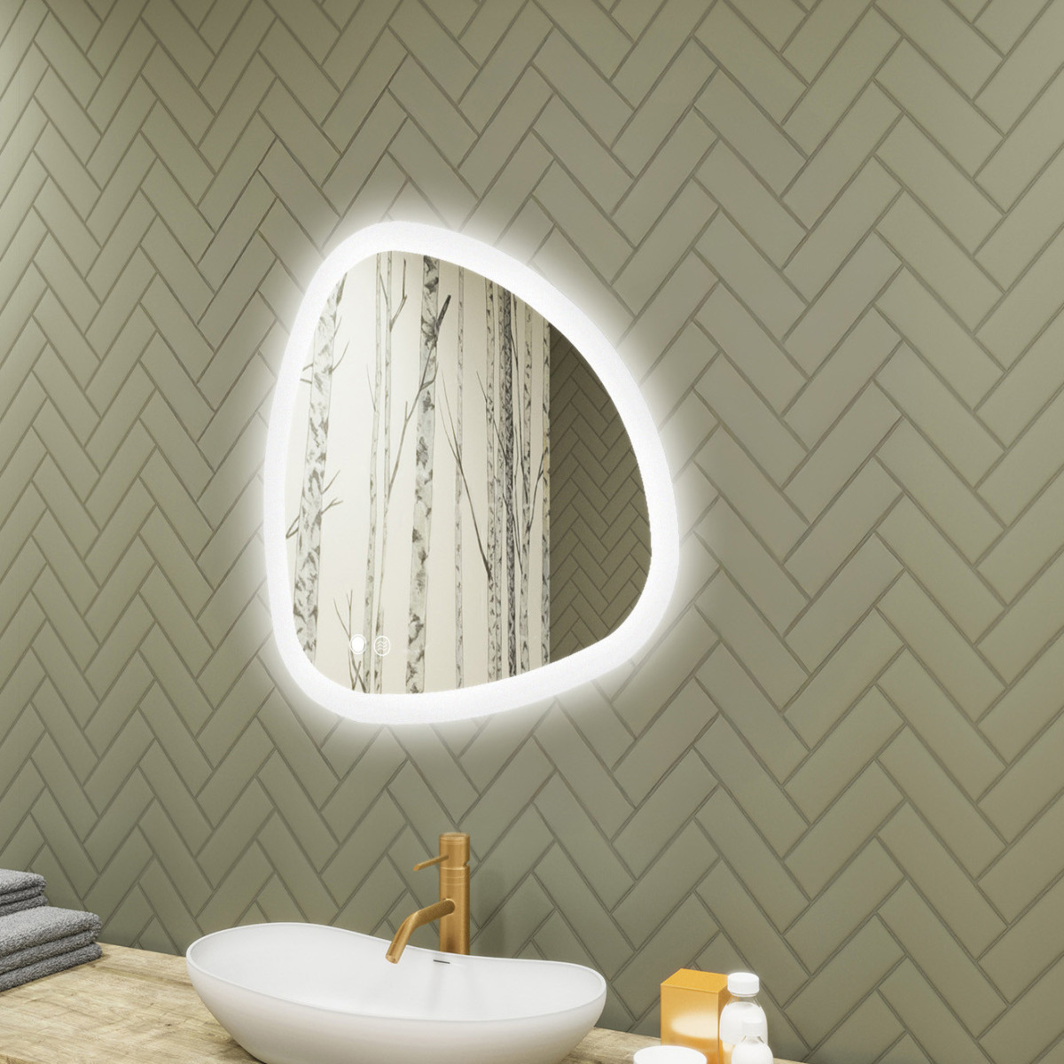 74x74 cm Unregelmäßiger Spiegel mit Beleuchtung, 74x74cm, Zweifarbig, Berührungsschalter, Heizmatte