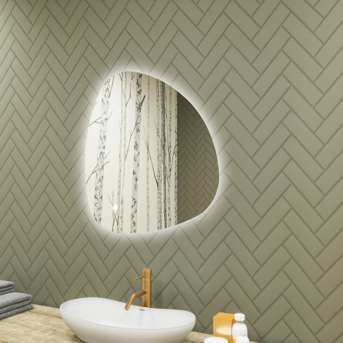 74x74 cm Unregelmäßiger Spiegel mit Beleuchtung, 74x74cm, Zweifarbig, Berührungsempfindlicher Schalter