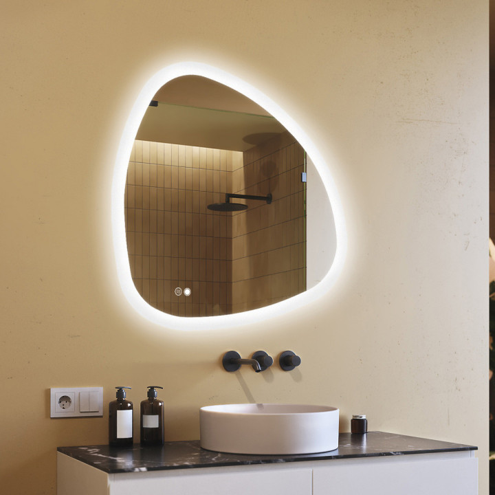 94x94 cm Unregelmäßiger Spiegel mit Beleuchtung, 94x94cm, Zweifarbig, Touch-Schalter, Heizmatte