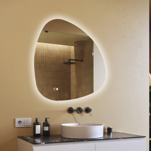 94x94 cm Unregelmäßiger Spiegel mit Beleuchtung, 94x94cm, Zweifarbig, Touch-Schalter, Heizmatte