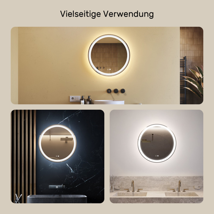 60x60 cm Runder Badezimmerspiegel beleuchtet 60cm mit zwei Farben, Touch-Schalter, Heizmatte