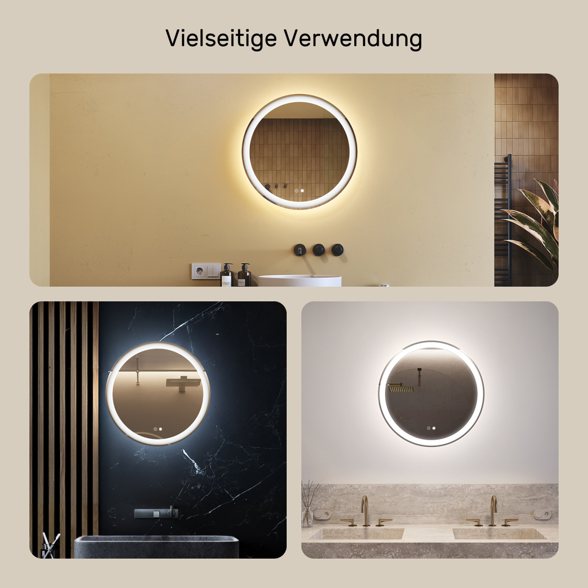 60x60 cm Runder Badezimmerspiegel beleuchtet 60cm mit zwei Farben, Touch-Schalter, Heizmatte