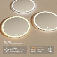 60x60 cm Runder Badezimmerspiegel beleuchtet 60cm mit zwei Farben, Touch-Schalter, Heizmatte