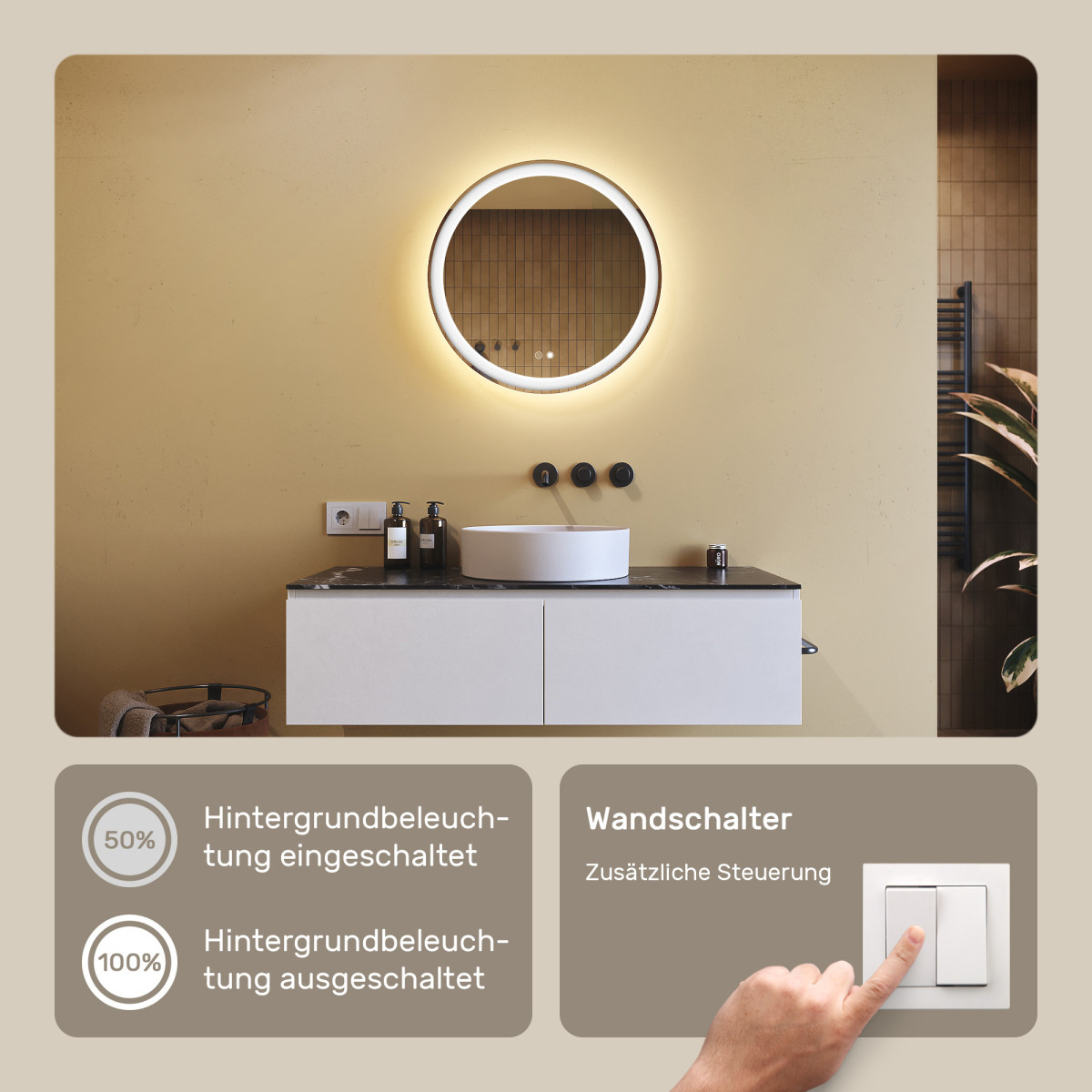 60x60 cm Runder Badezimmerspiegel beleuchtet 60cm mit zwei Farben, Touch-Schalter, Heizmatte