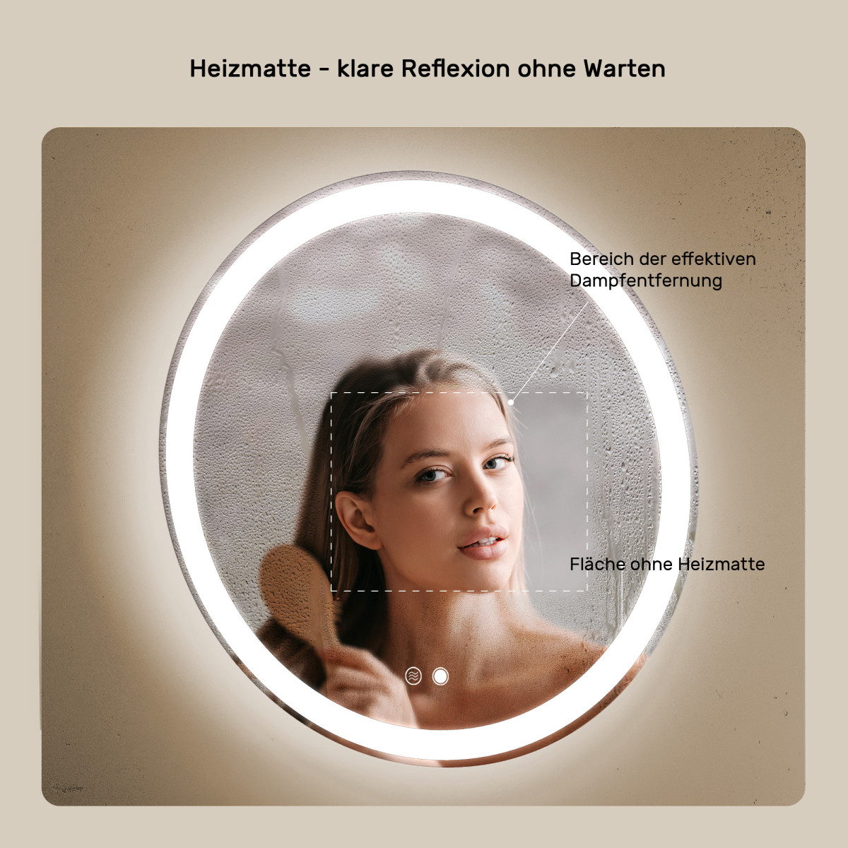 60x60 cm Runder Badezimmerspiegel beleuchtet 60cm mit zwei Farben, Touch-Schalter, Heizmatte
