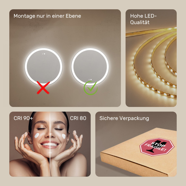 60x60 cm Runder Badezimmerspiegel beleuchtet 60cm mit zwei Farben, Touch-Schalter, Heizmatte