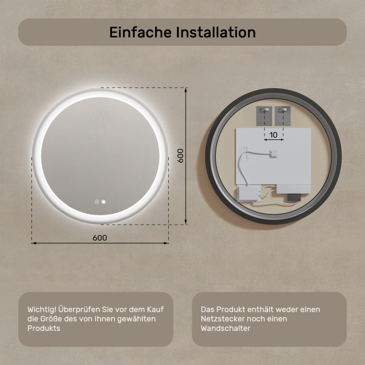 60x60 cm Runder Badezimmerspiegel beleuchtet 60cm mit zwei Farben, Touch-Schalter, Heizmatte