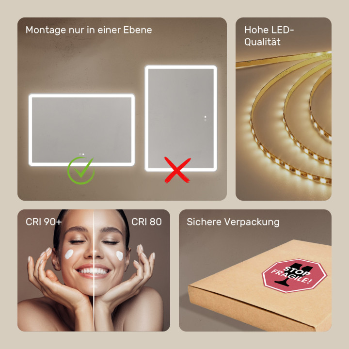 100x70 cm Runder Badezimmerspiegel beleuchtet 100x70cm mit zwei Farben, Touch-Schalter, Heizmatte, Bluetooth-Lautsprecher