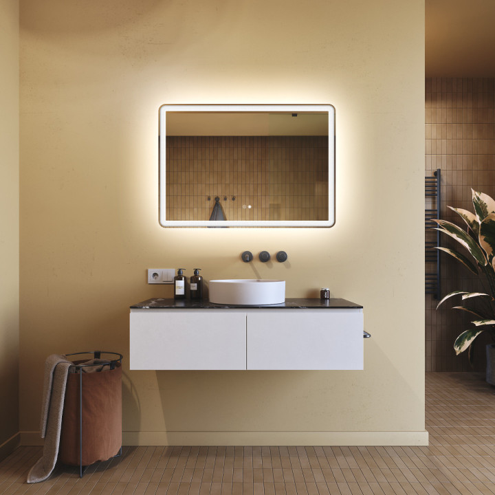 100x70 cm Runder Badezimmerspiegel beleuchtet 100x70cm mit zwei Farben, Touch-Schalter, Heizmatte, Bluetooth-Lautsprecher