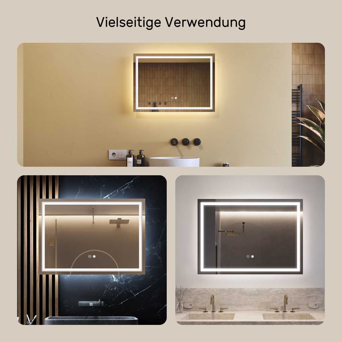 70x50 cm Beleuchteter Badezimmerspiegel 70x50cm mit zwei Farben, Touch-Schalter, Heizmatte