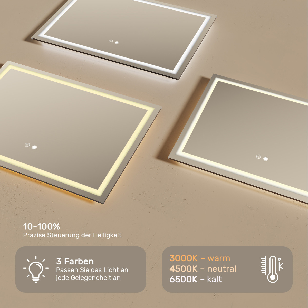 70x50 cm Beleuchteter Badezimmerspiegel 70x50cm mit zwei Farben, Touch-Schalter, Heizmatte