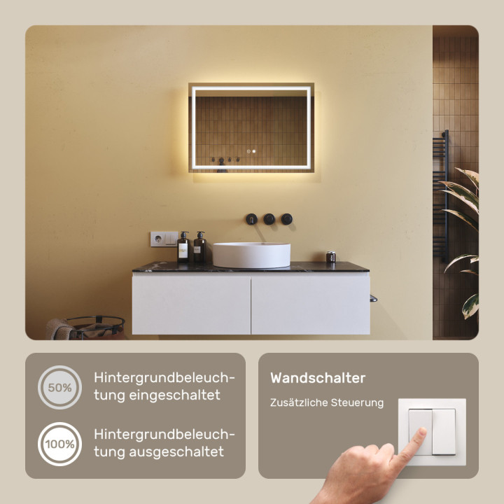 70x50 cm Beleuchteter Badezimmerspiegel 70x50cm mit zwei Farben, Touch-Schalter, Heizmatte