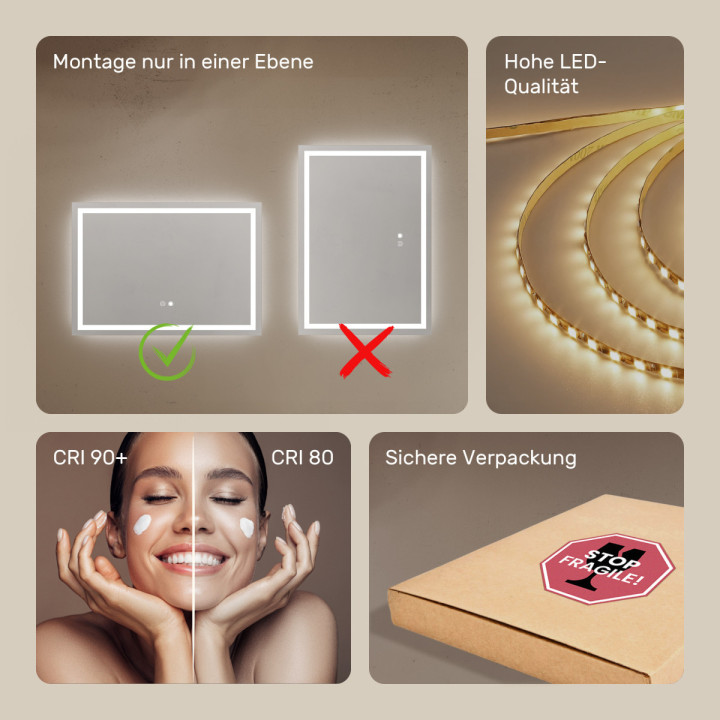 70x50 cm Beleuchteter Badezimmerspiegel 70x50cm mit zwei Farben, Touch-Schalter, Heizmatte