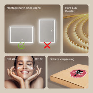 70x50 cm Beleuchteter Badezimmerspiegel 70x50cm mit zwei Farben, Touch-Schalter, Heizmatte