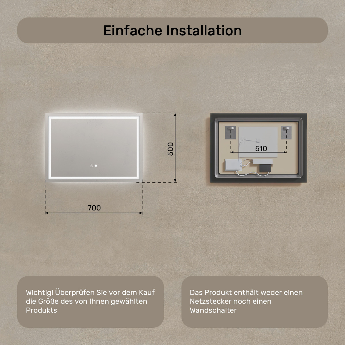 70x50 cm Beleuchteter Badezimmerspiegel 70x50cm mit zwei Farben, Touch-Schalter, Heizmatte