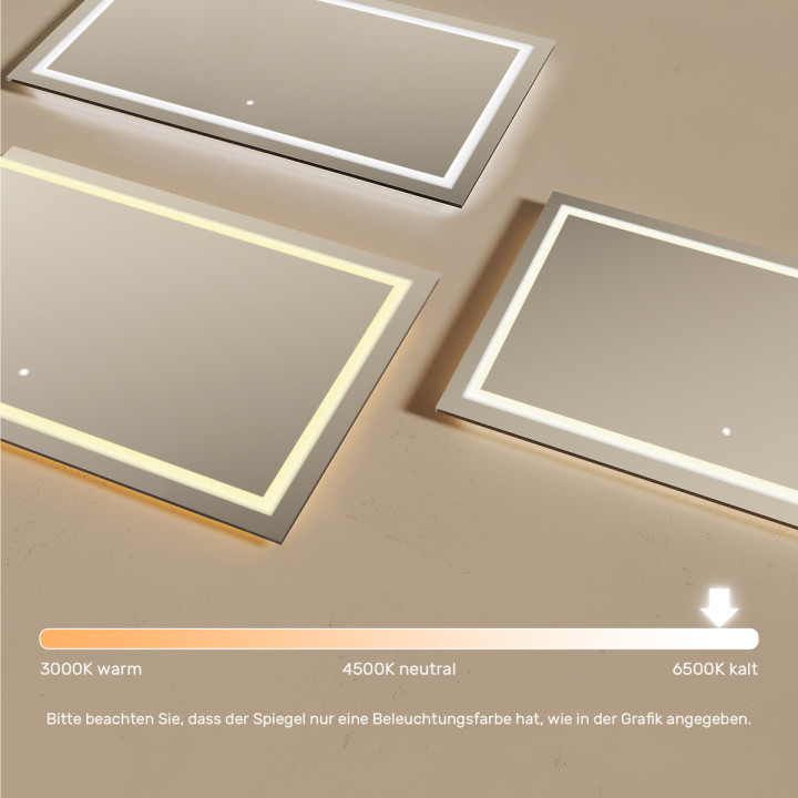 120x70 cm Rechteckiger Badezimmerspiegel beleuchtet 120x70cm mit Touch-Schalter, kalte Farbe LED 7000K
