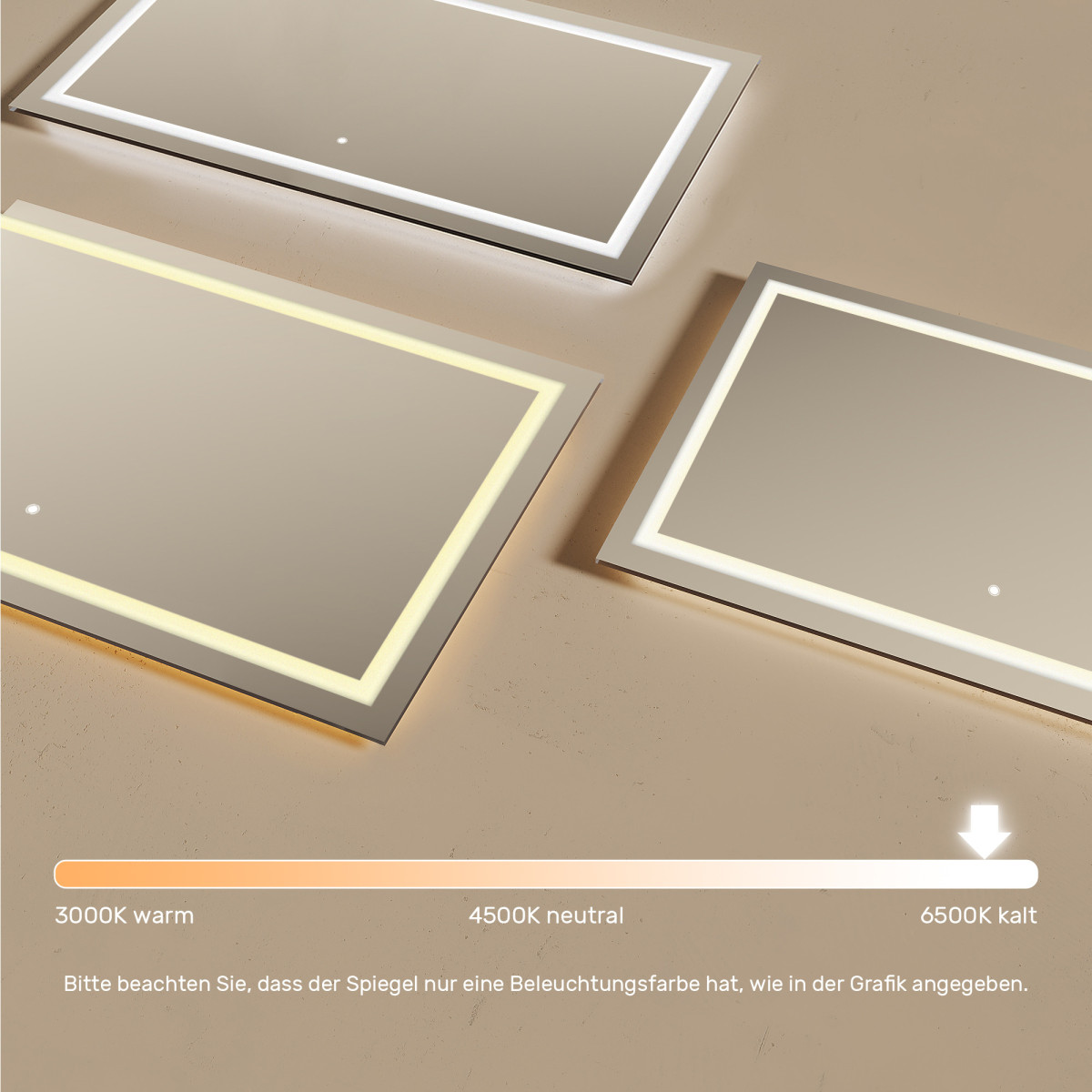 120x70 cm Rechteckiger Badezimmerspiegel beleuchtet 120x70cm mit Touch-Schalter, kalte Farbe LED 7000K