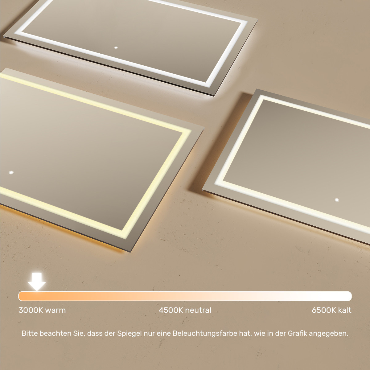 120x70 cm Rechteckiger Badezimmerspiegel beleuchtet 120x70cm mit Touch-Schalter, warme Farbe 3000K