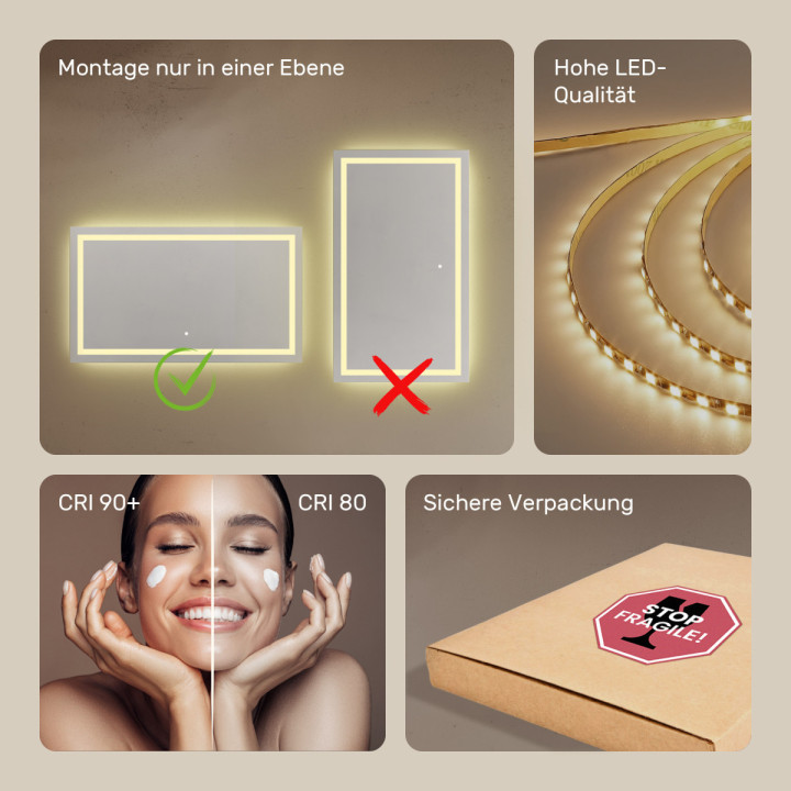 120x70 cm Rechteckiger Badezimmerspiegel beleuchtet 120x70cm mit Touch-Schalter, warme Farbe 3000K