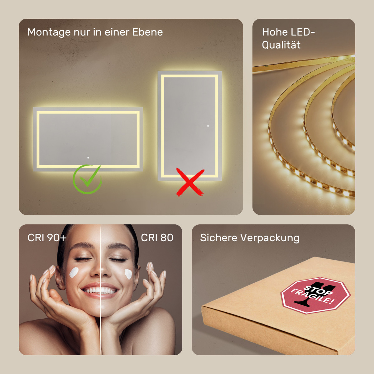 120x70 cm Rechteckiger Badezimmerspiegel beleuchtet 120x70cm mit Touch-Schalter, warme Farbe 3000K