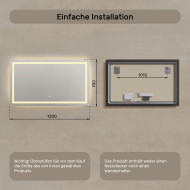 120x70 cm Rechteckiger Badezimmerspiegel beleuchtet 120x70cm mit Touch-Schalter, warme Farbe 3000K