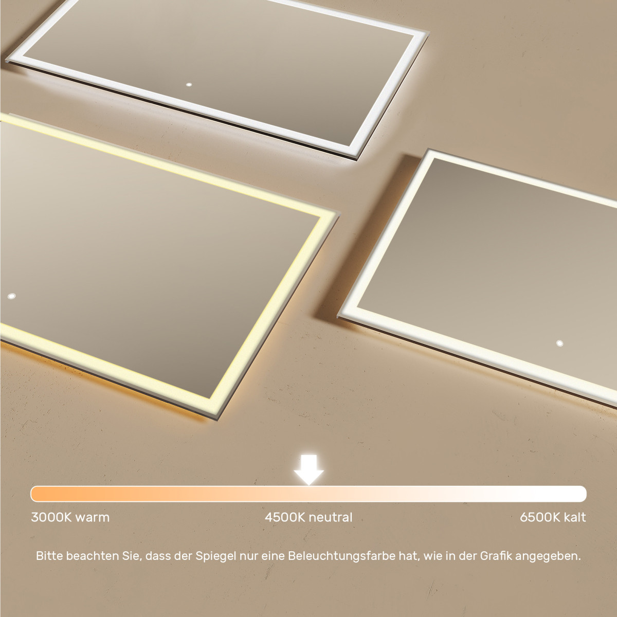 120x70 cm Rechteckiger Badezimmerspiegel beleuchtet 120x70cm mit Touch-Schalter, neutrale Farbe 4500K