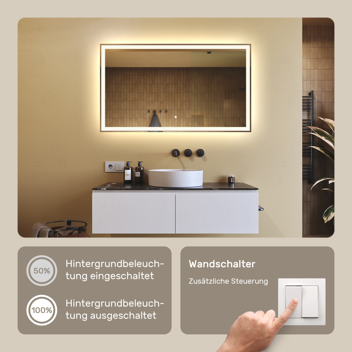 120x70 cm Rechteckiger Badezimmerspiegel beleuchtet 120x70cm mit Touch-Schalter, neutrale Farbe 4500K