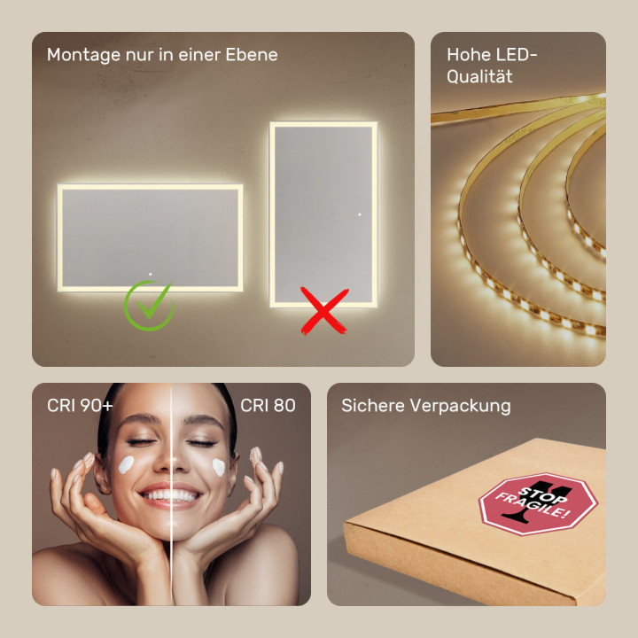 120x70 cm Rechteckiger Badezimmerspiegel beleuchtet 120x70cm mit Touch-Schalter, neutrale Farbe 4500K