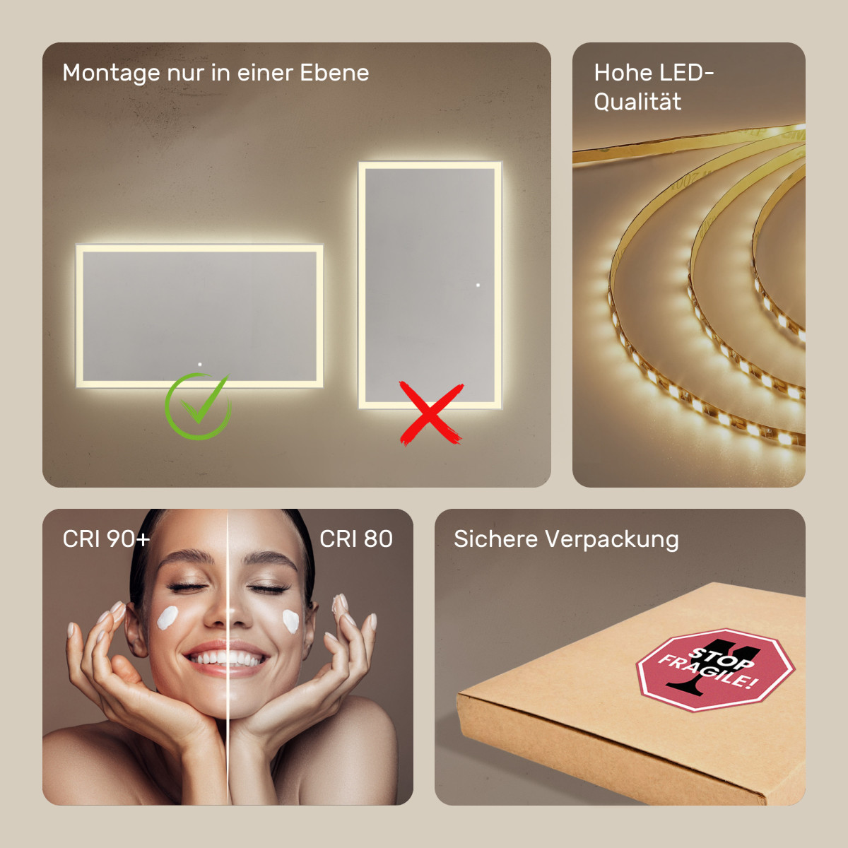 120x70 cm Rechteckiger Badezimmerspiegel beleuchtet 120x70cm mit Touch-Schalter, neutrale Farbe 4500K