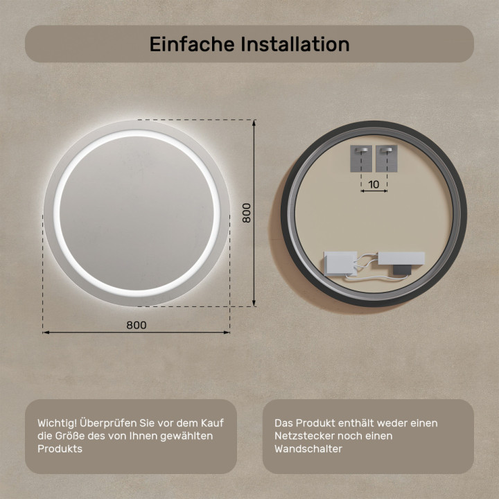 80x80 cm Runder Badezimmerspiegel beleuchtet 80cm mit kalter Farbe LED 7000K