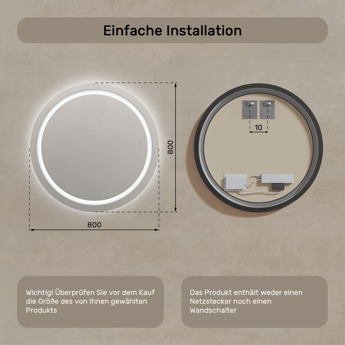 80x80 cm Runder Badezimmerspiegel beleuchtet 80cm mit kalter Farbe LED 7000K