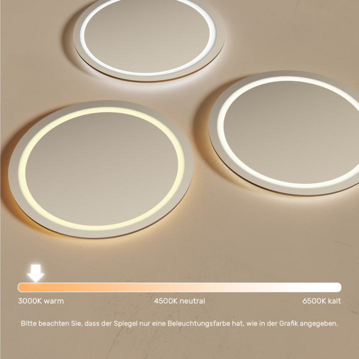 80x80 cm Runder Badezimmerspiegel beleuchtet 80cm mit warmer Farbe 3000K