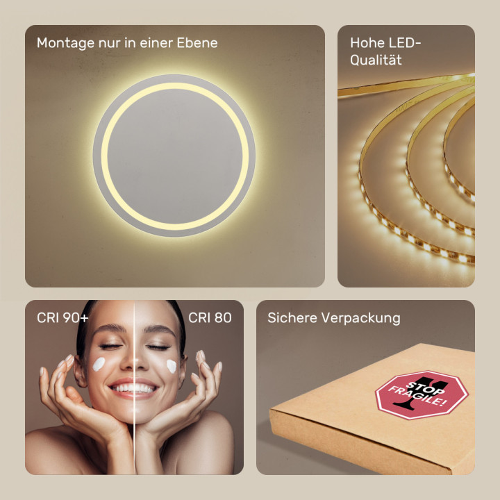80x80 cm Runder Badezimmerspiegel beleuchtet 80cm mit warmer Farbe 3000K