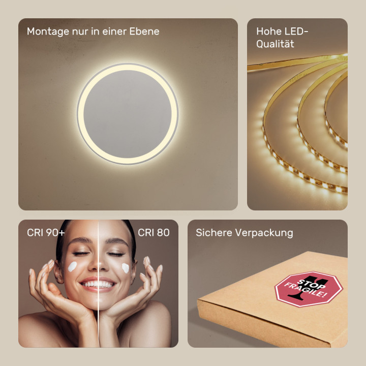 60x60 cm Runder Badezimmerspiegel beleuchtet 60cm mit neutraler Farbe 4500K