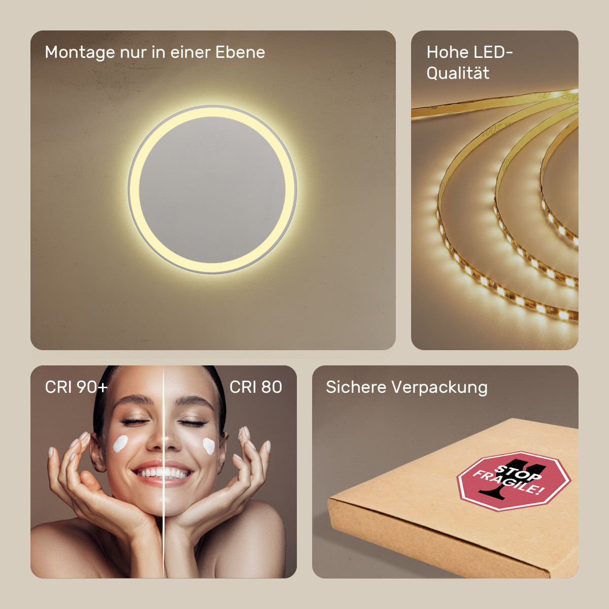 60x60 cm Runder Badezimmerspiegel beleuchtet 60cm mit warmer Farbe 3000K