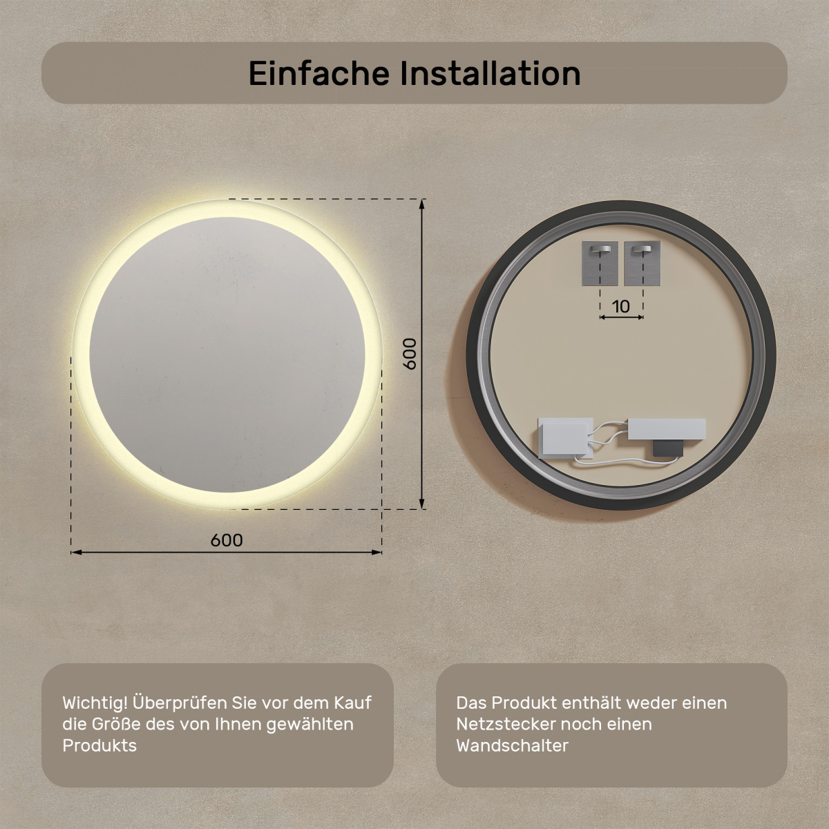 60x60 cm Runder Badezimmerspiegel beleuchtet 60cm mit warmer Farbe 3000K