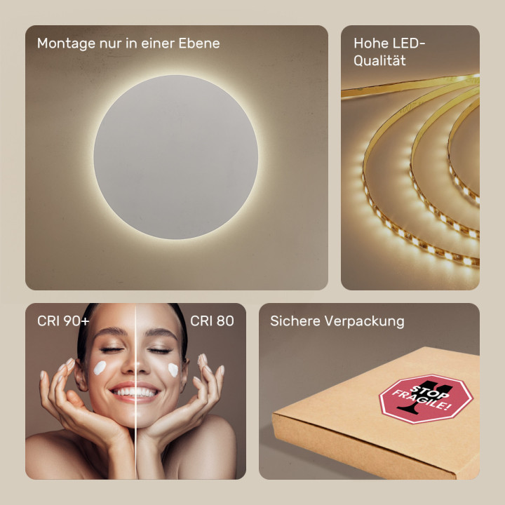 80x80 cm Runder Badezimmerspiegel beleuchtet 80cm mit neutraler Farbe 4500K