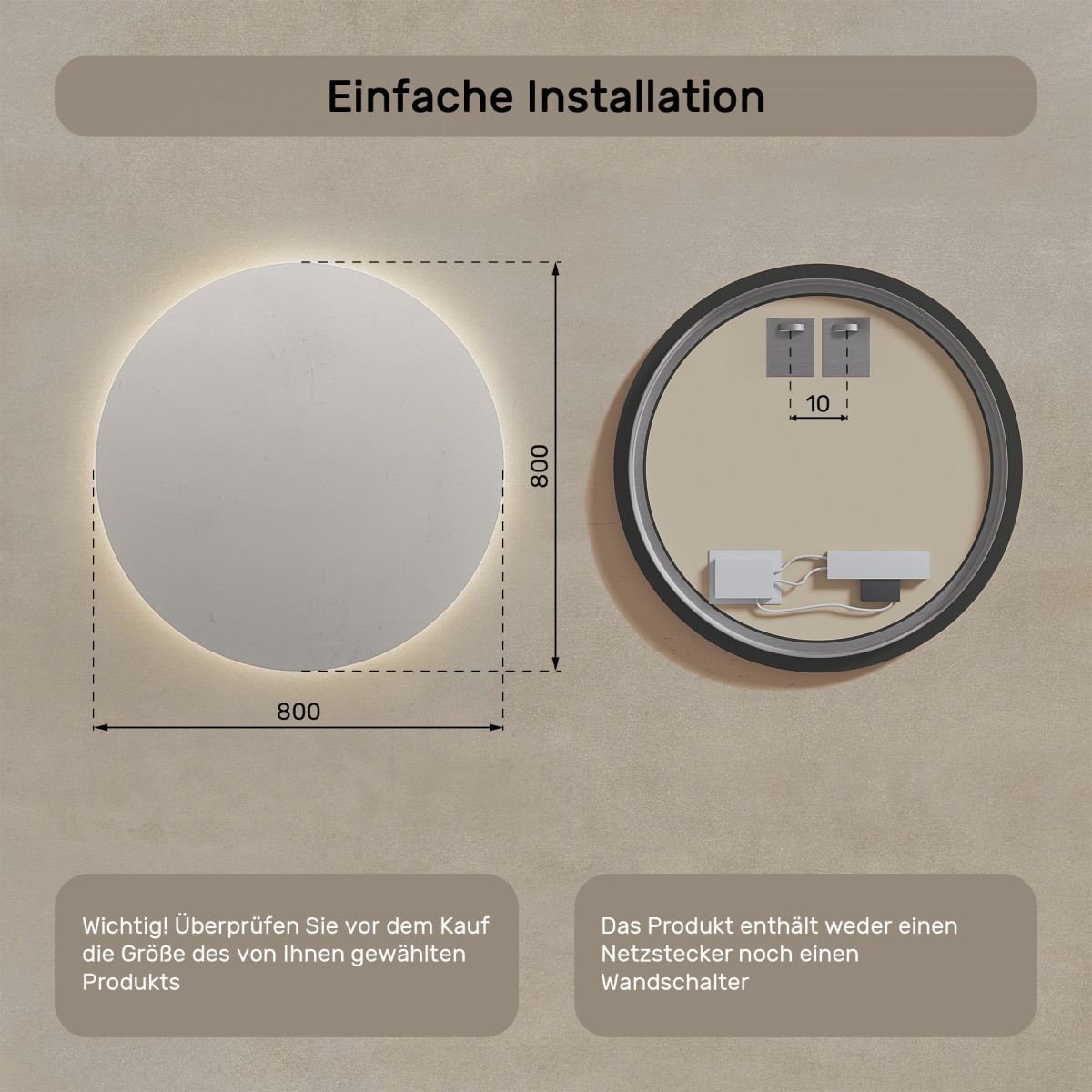 80x80 cm Runder Badezimmerspiegel beleuchtet 80cm mit neutraler Farbe 4500K