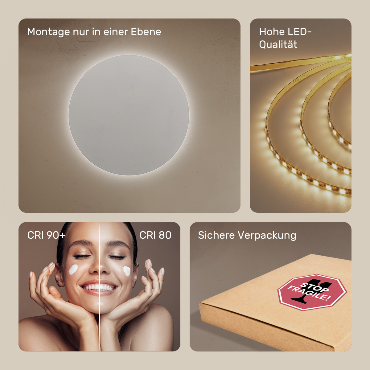 80x80 cm Runder Badezimmerspiegel beleuchtet 80cm mit kalter Farbe LED 7000K