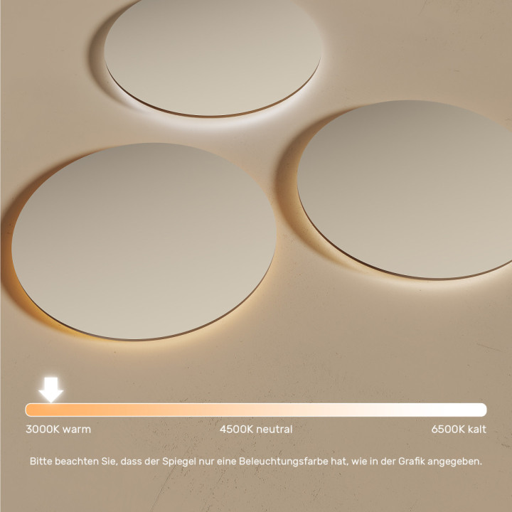 80x80 cm Runder Badezimmerspiegel beleuchtet 80cm mit warmer Farbe 3000K