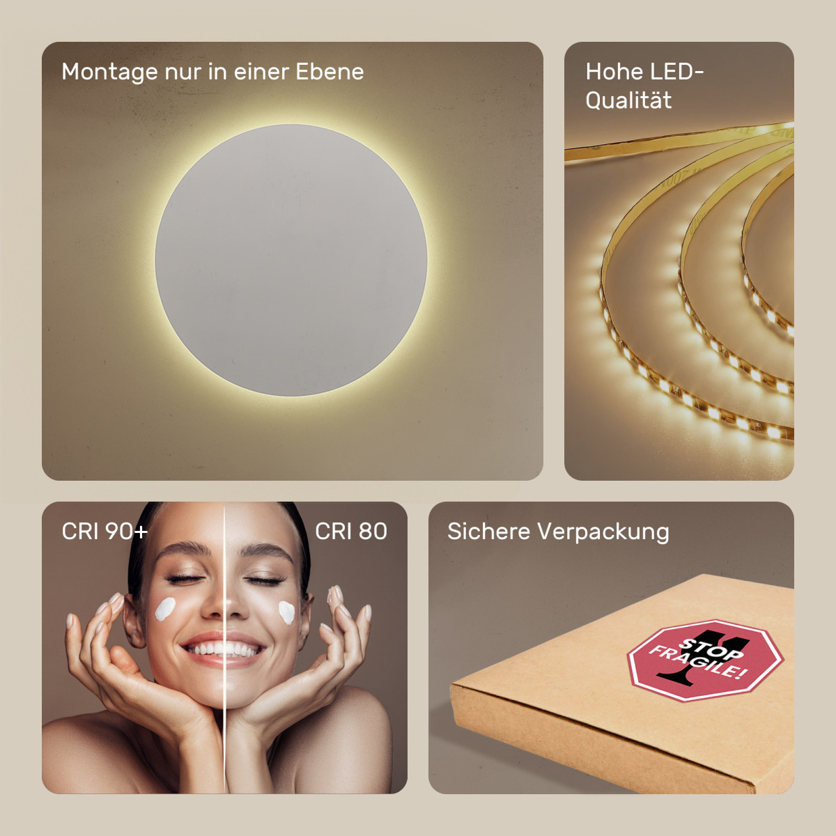 80x80 cm Runder Badezimmerspiegel beleuchtet 80cm mit warmer Farbe 3000K