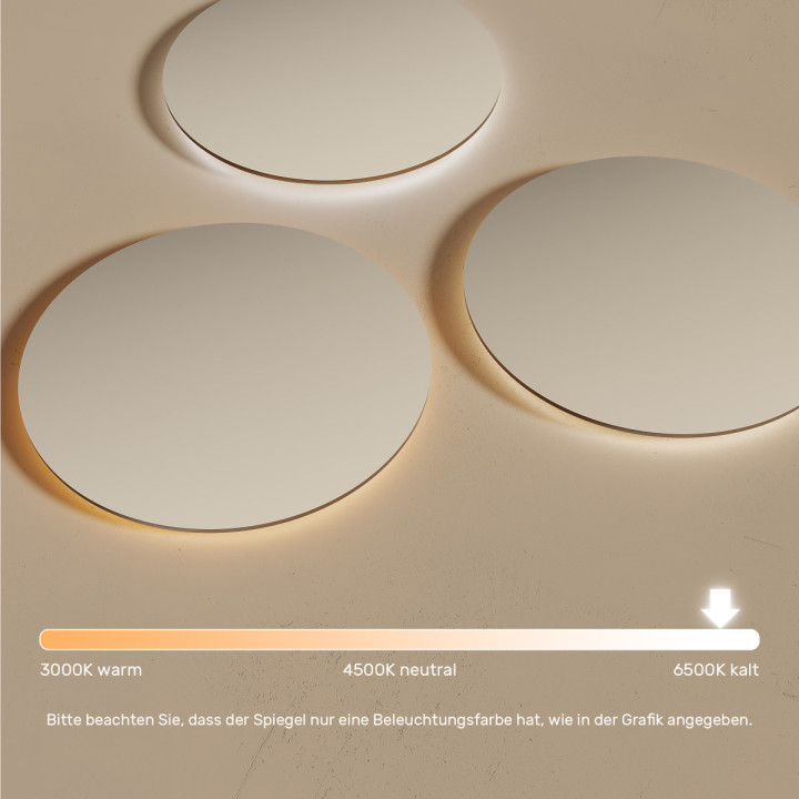 70x70 cm Runder Badezimmerspiegel 70cm beleuchtet mit kalter Farbe LED 7000K