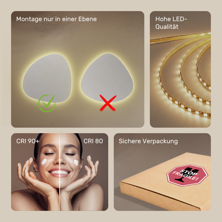 54x54 cm Dekorativer unregelmäßiger beleuchteter LED-Spiegel 54x54cm mit warmer Farbe 3000K