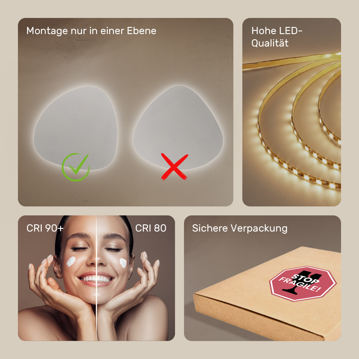 74x74 cm Dekorativer, unregelmäßiger, beleuchteter LED-Spiegel 74x74cm mit kalter Farbe LED 7000K