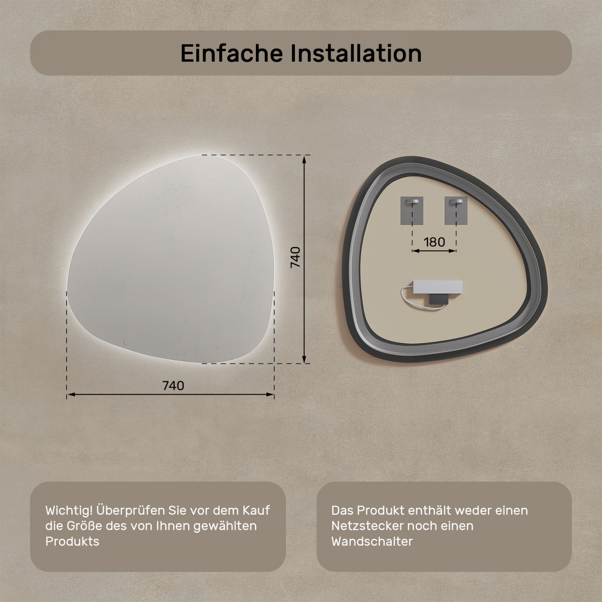 74x74 cm Dekorativer, unregelmäßiger, beleuchteter LED-Spiegel 74x74cm mit kalter Farbe LED 7000K