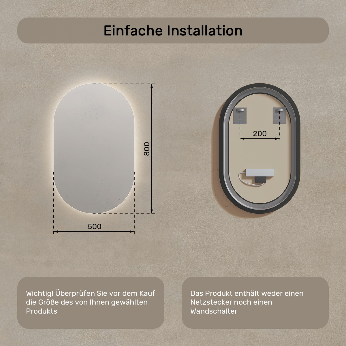 50x80 cm Badezimmerspiegel beleuchtet 50x80cm mit neutraler Farbe 4500K