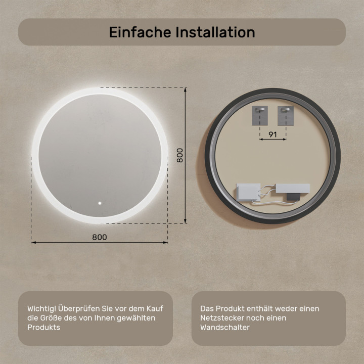 80x80 cm Runder Badezimmerspiegel mit LED-Beleuchtung 80cm mit Dual Farbe, Touch-Schalter