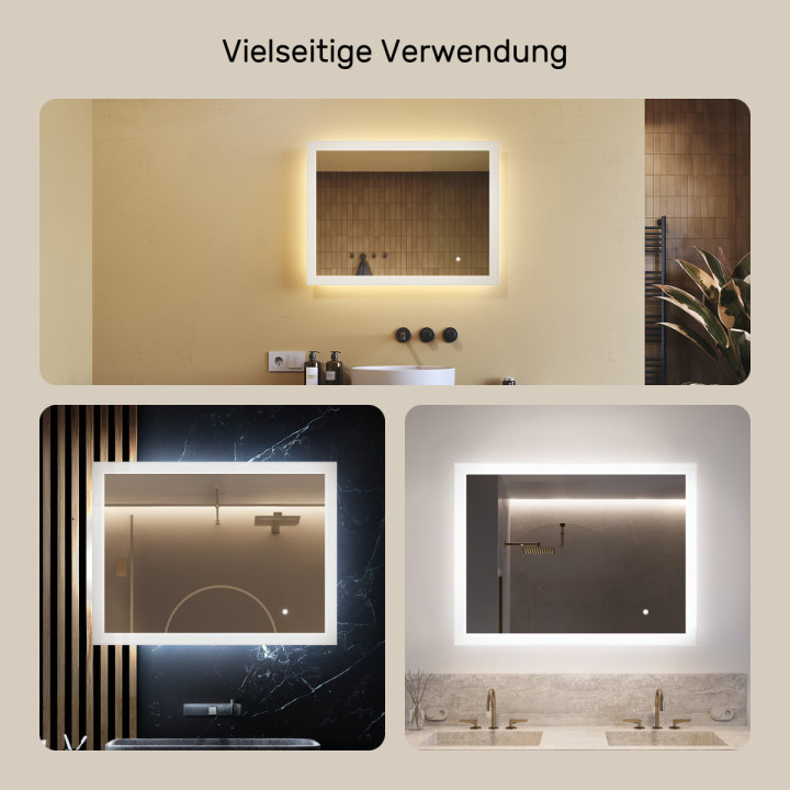 80x60 cm Rechteckiger Badezimmerspiegel mit LED-Beleuchtung 80x60cm mit Dual-Farbe, Touch-Schalter