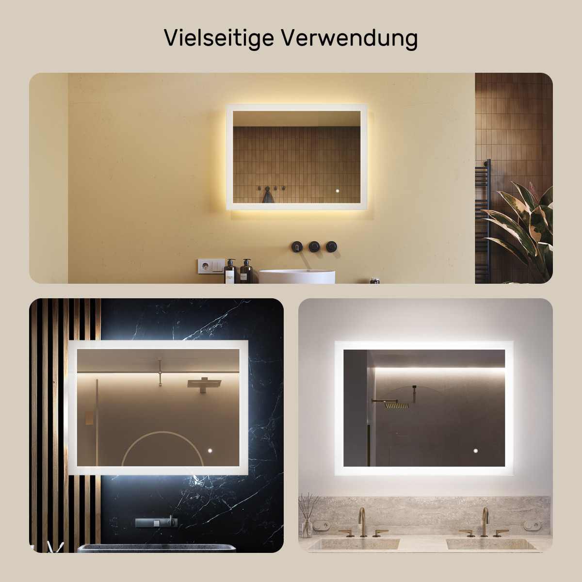 80x60 cm Rechteckiger Badezimmerspiegel mit LED-Beleuchtung 80x60cm mit Dual-Farbe, Touch-Schalter