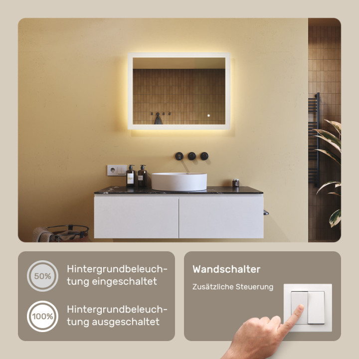 80x60 cm Rechteckiger Badezimmerspiegel mit LED-Beleuchtung 80x60cm mit Dual-Farbe, Touch-Schalter